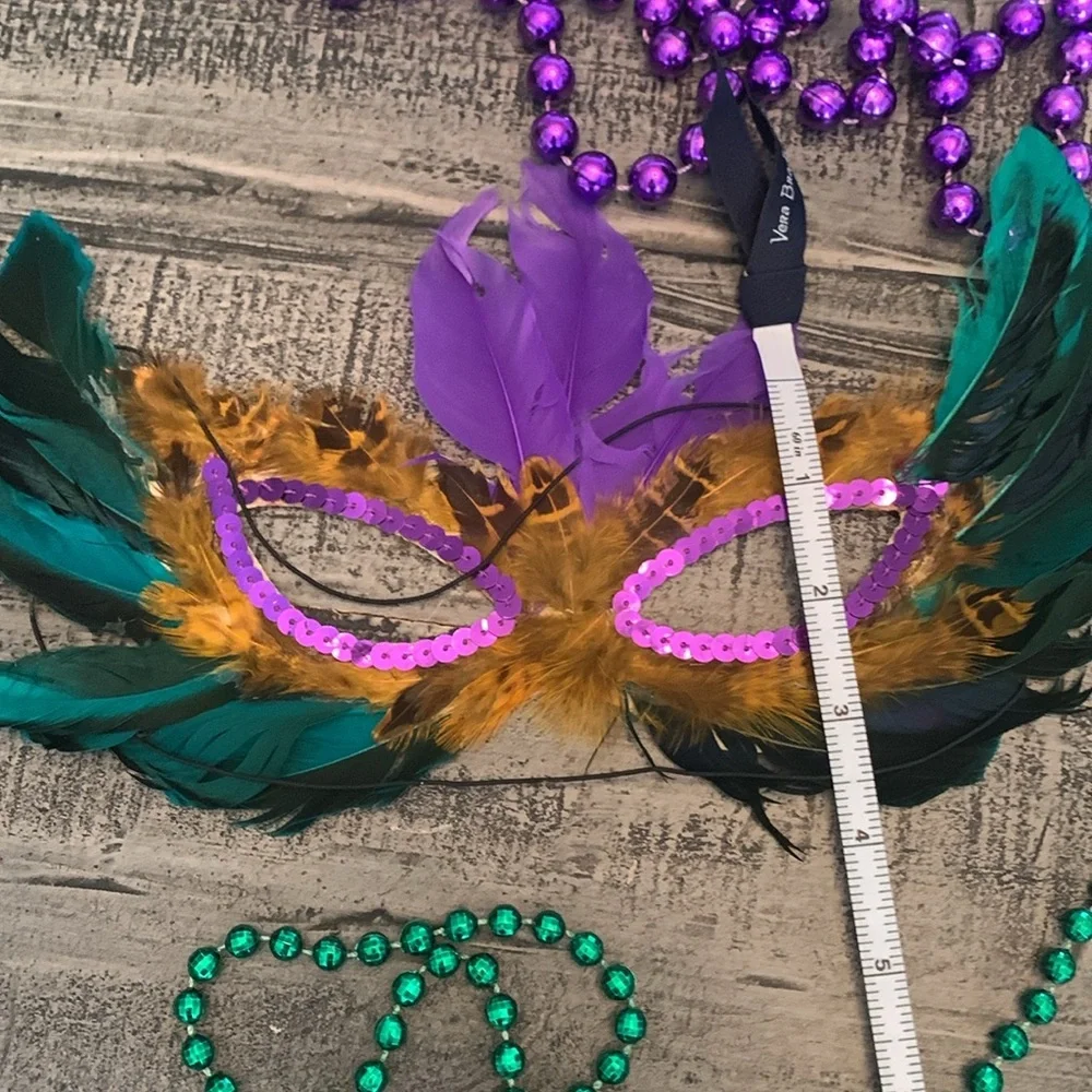Mardi Gras Masks 6 Feather Sequin Elastic Band, 6 Bead Necklaces, Masquerade EUC
